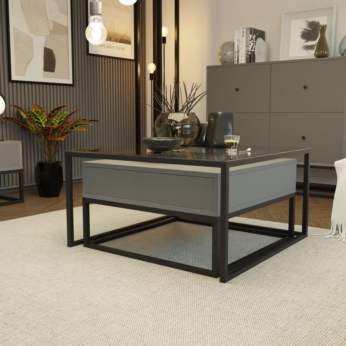 COUCHTISCH quadratisch Grau, MDF/Glas Tischplatte, Rahmen Schwarz - Schwarz/Grau, Holzwerkstoff (70/70/42cm) - Idohome