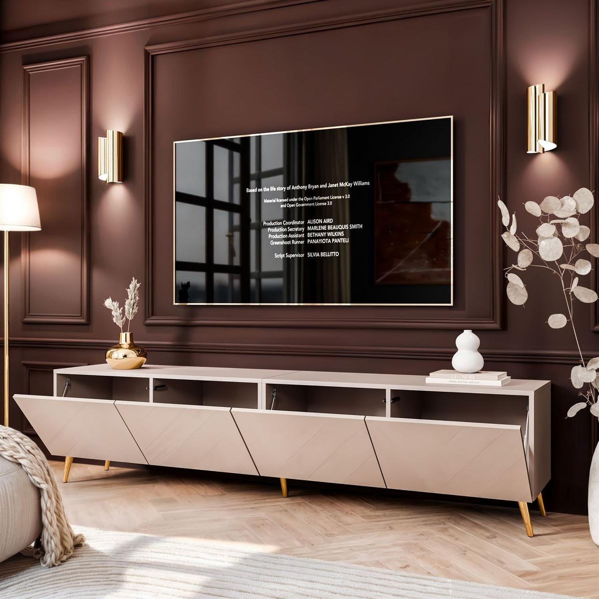 TV-SCHRANK COLGANTE 200 Kaschmir Hochglanz, mit LED, Schräge goldene Füßen - Kaschmir/Goldfarben, Holzwerkstoff (200/49/40cm) - Lookway