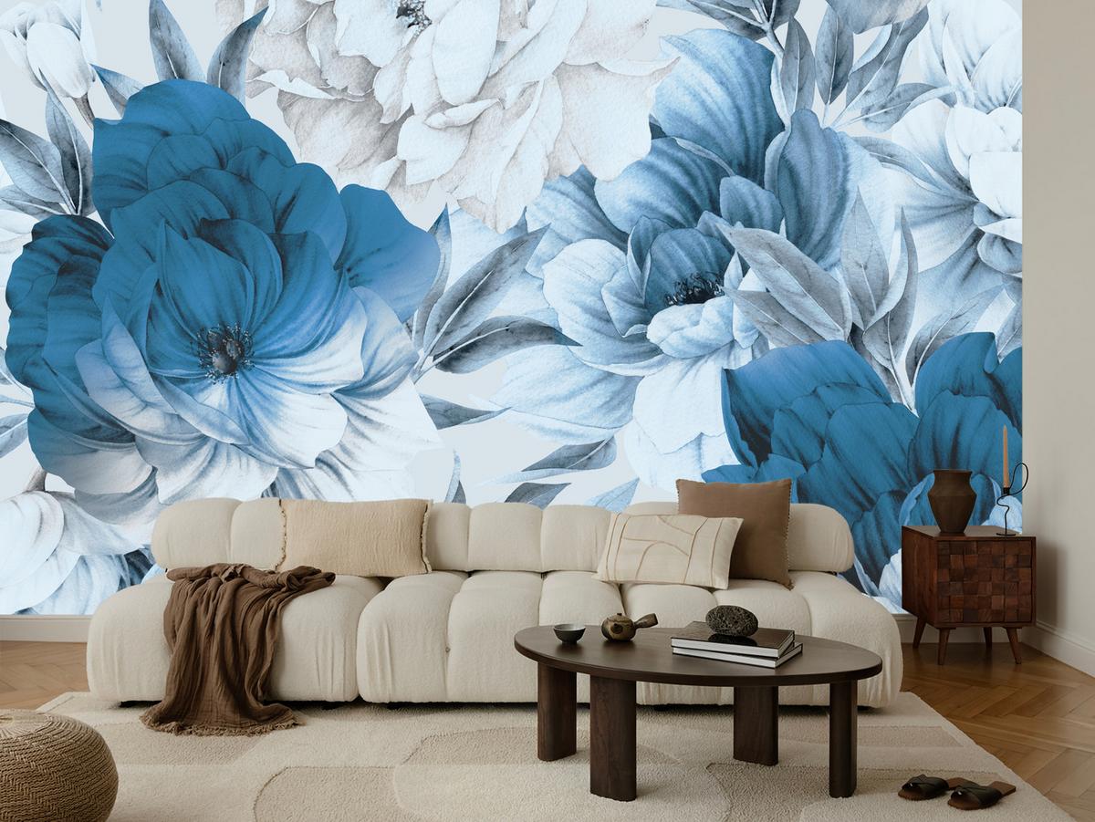 FOTOTAPETE für Wohnzimmer Blaue Pfingstrosen Zart Blumen Boho 200x140 - Blau/Weiß, Papier (200/140cm) - Muralo