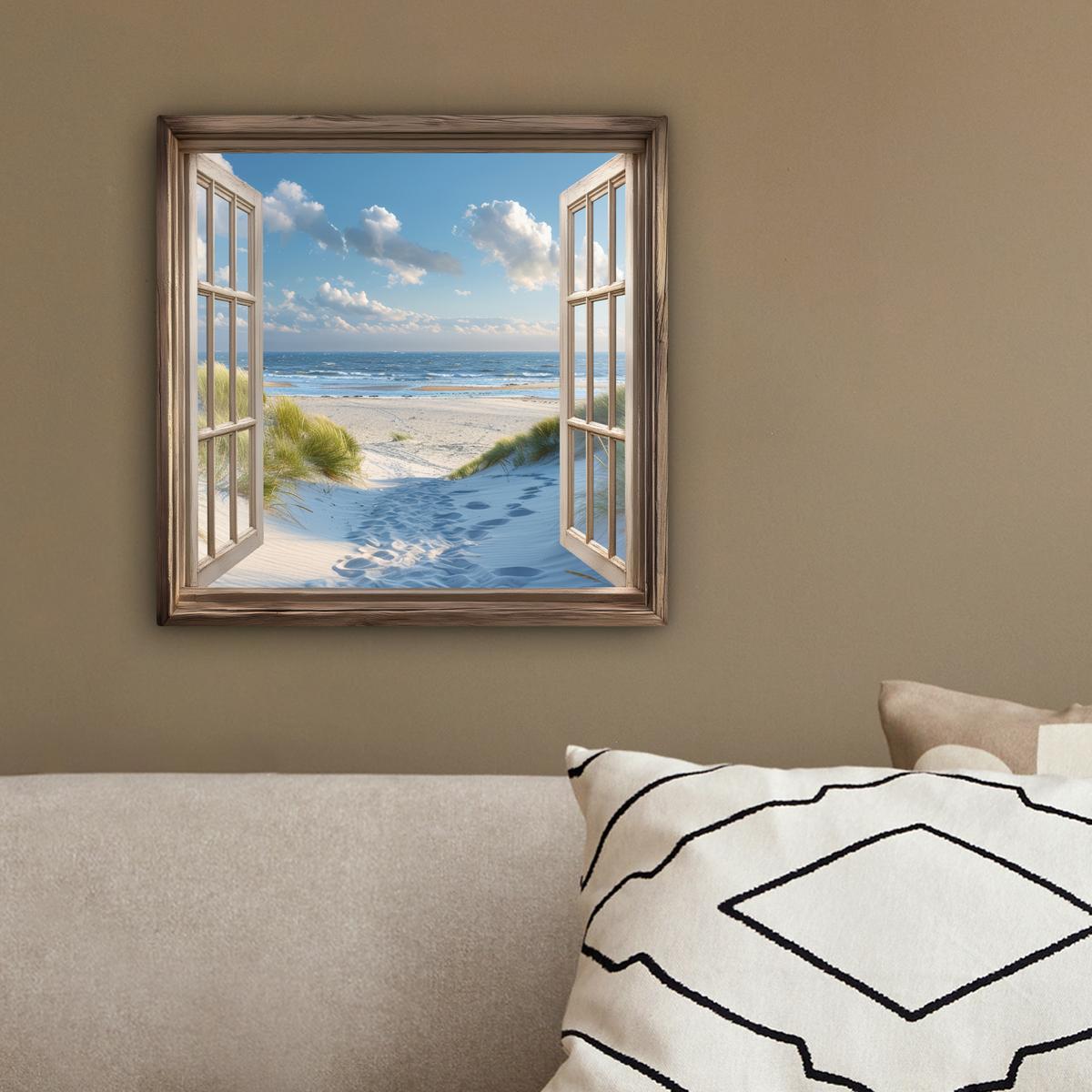 LEINWANDBILD Aussicht - Strand - Fenster - Dünen - Meer Deko Wohnzimmer 20x20 cm - Hellblau, Textil (20/20cm) - MuchoWow