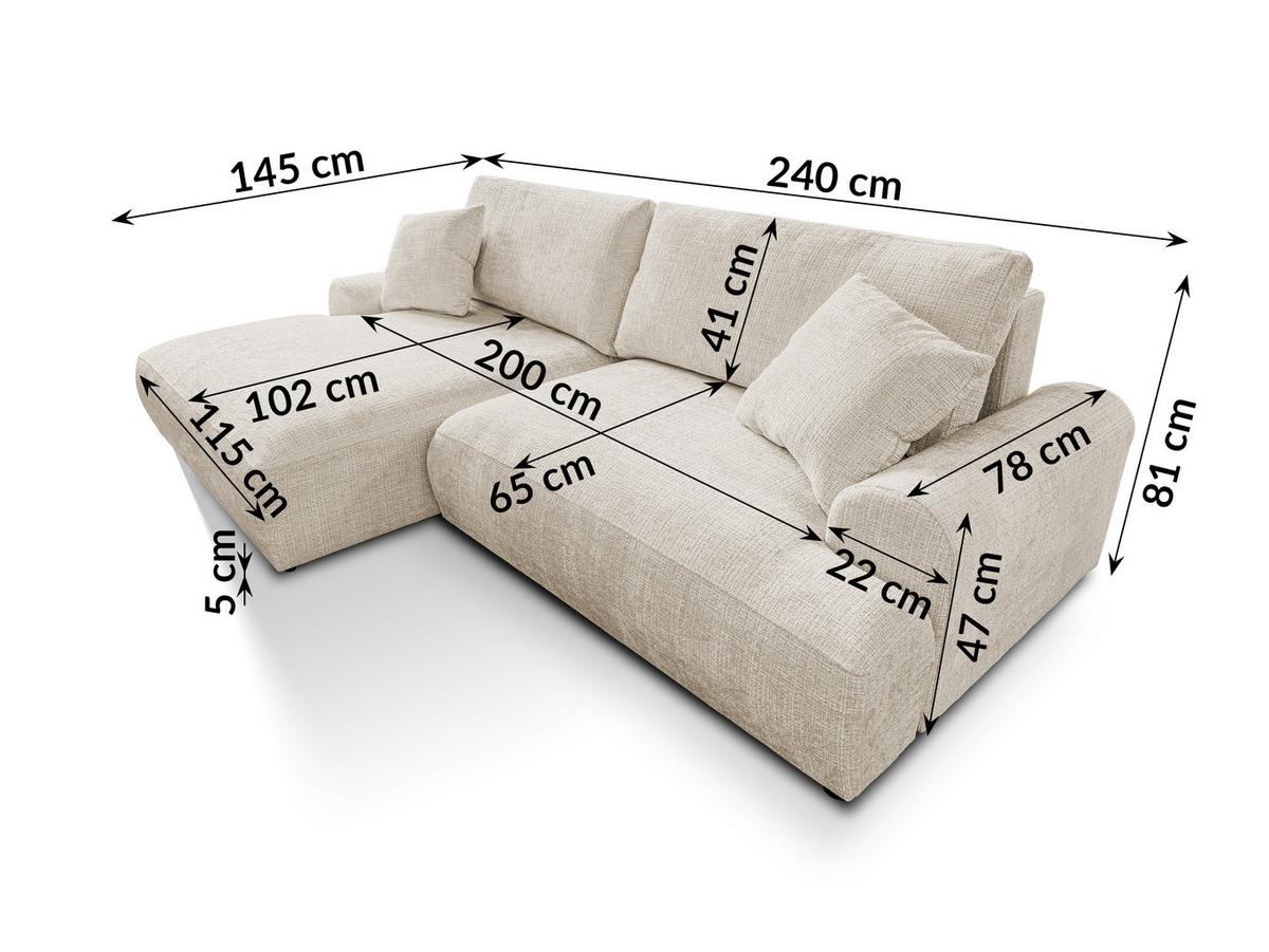 ECKSOFA Melvano mit Schlaffunktion und Bettkasten im Japandi-Stil aus weichem Beige Chenille-Stoff - Creme/Schwarz, Holz/Kunststoff (145/240cm) - S-Style