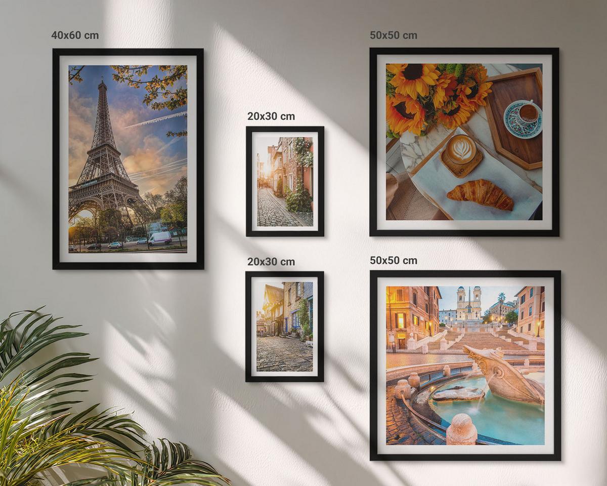 BILDER SET 5er Set - 50x50 cm & 20x30 cm & 40x60 cm Schwarzer Rahmen - Charmante Straßen mit Kaffee - Schwarz, Kunststoff (40/60cm) - TULUP