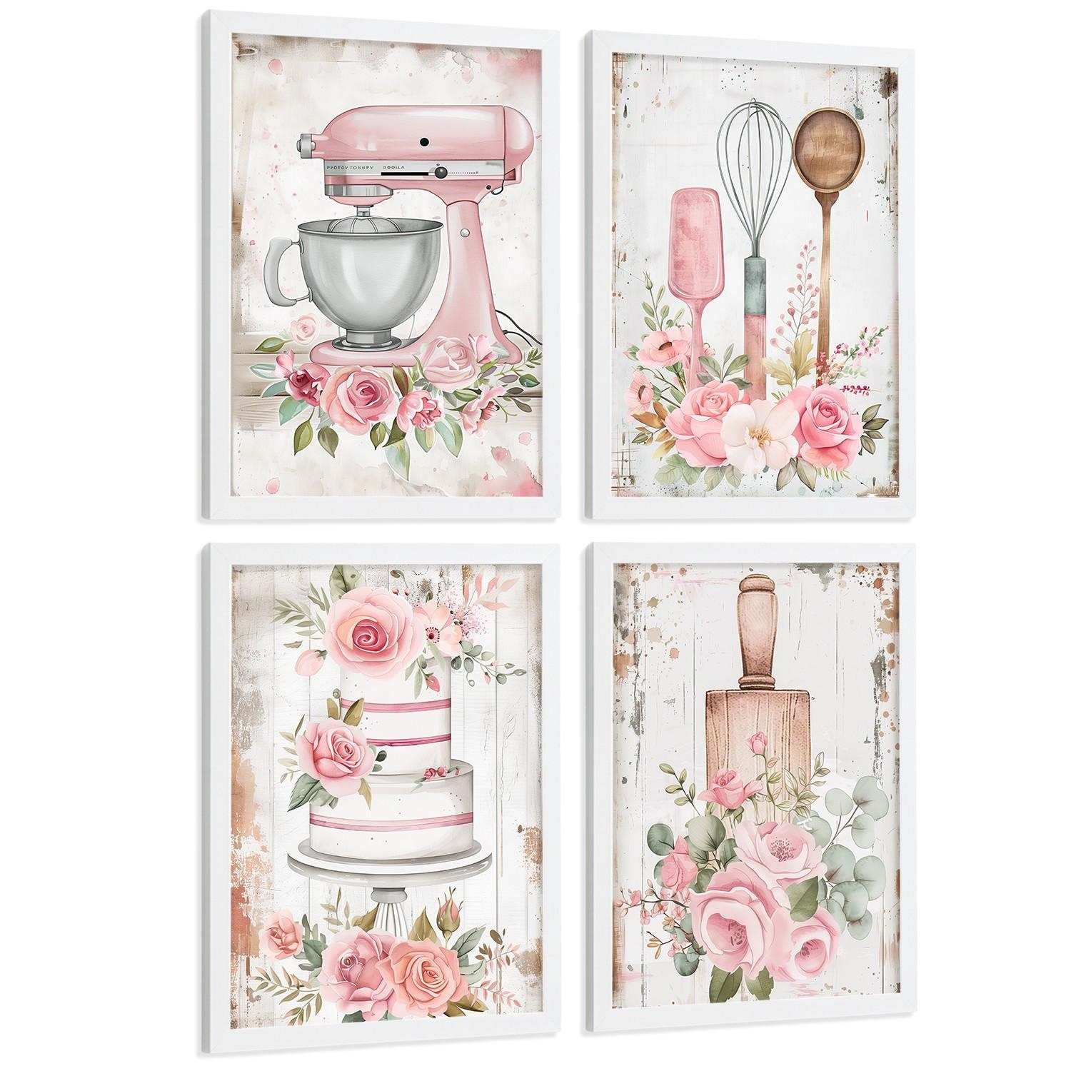 POSTER 4er Set Rosa Backkunst Wandbilder Küchenmaschine Torte Utensilien Blumen Shabby Chic Küche Deko Weißer Rahmen A3 - Weiß, Papier (29.7/1/42cm) - Nacnic