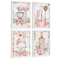 POSTER 4er Set Rosa Backkunst Wandbilder Küchenmaschine Torte Utensilien Blumen Shabby Chic Küche Deko Weißer Rahmen A3 - Weiß, Papier (29.7/1/42cm) - Nacnic