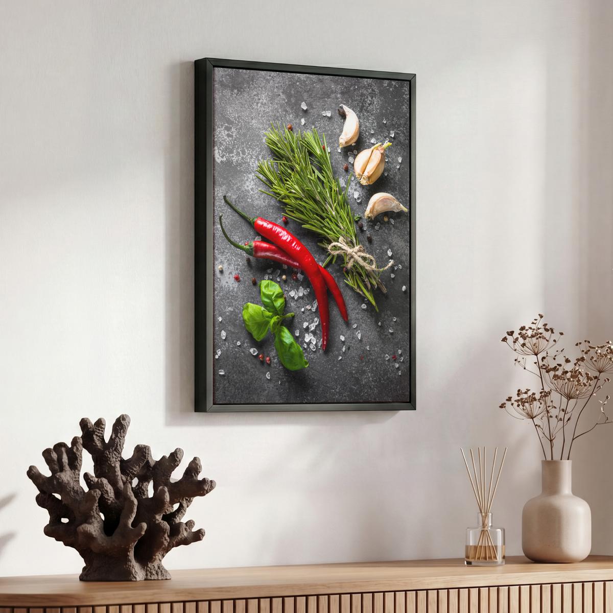 LEINWAND Bilder mit Rahmen - Pfeffer - Kräuter - Gewürze - Beton - 30x40 - Dunkelgrau, Textil (30/40cm) - MuchoWow