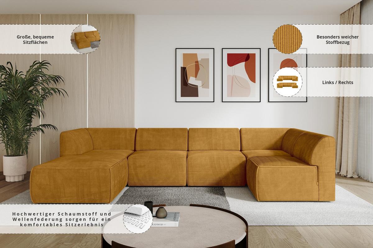 WOHNLANDSCHAFT Ottomane Links MOVO-L 345x180x78 cm Senffarbe Cord - Honig, Holzwerkstoff/Kunststoff (345/78/180cm) - ALTDECOR