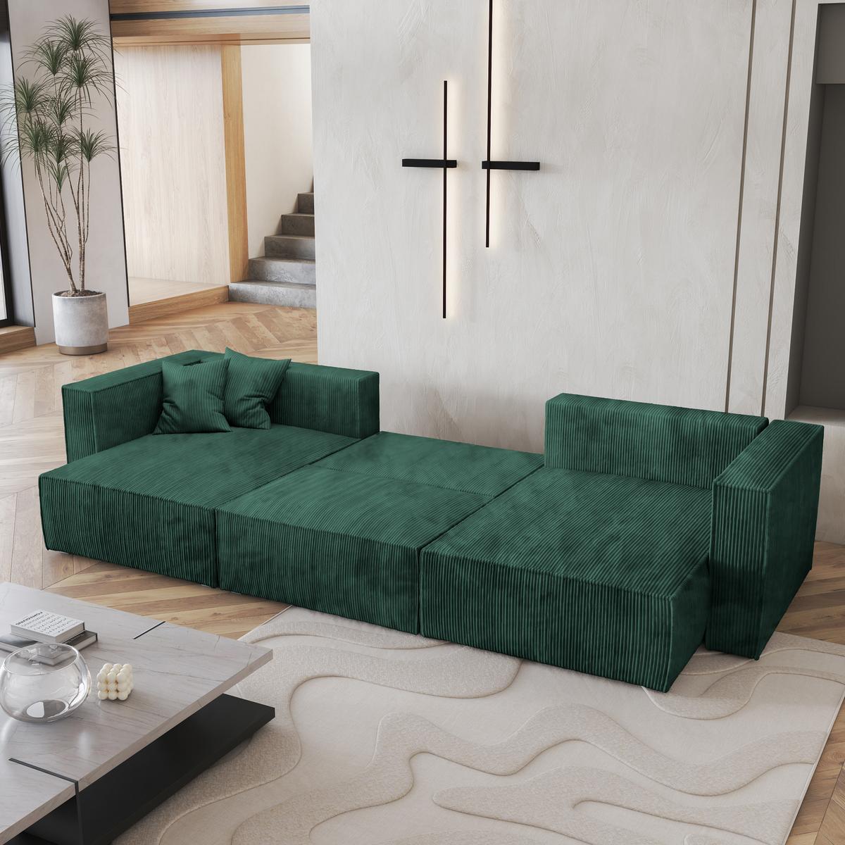 WOHNLANDSCHAFT SARMO P Grün Kordstoff mit Schlaffunktion - Grau/Grün, Holz/Kunststoff (347/70/148cm) - MASSENO