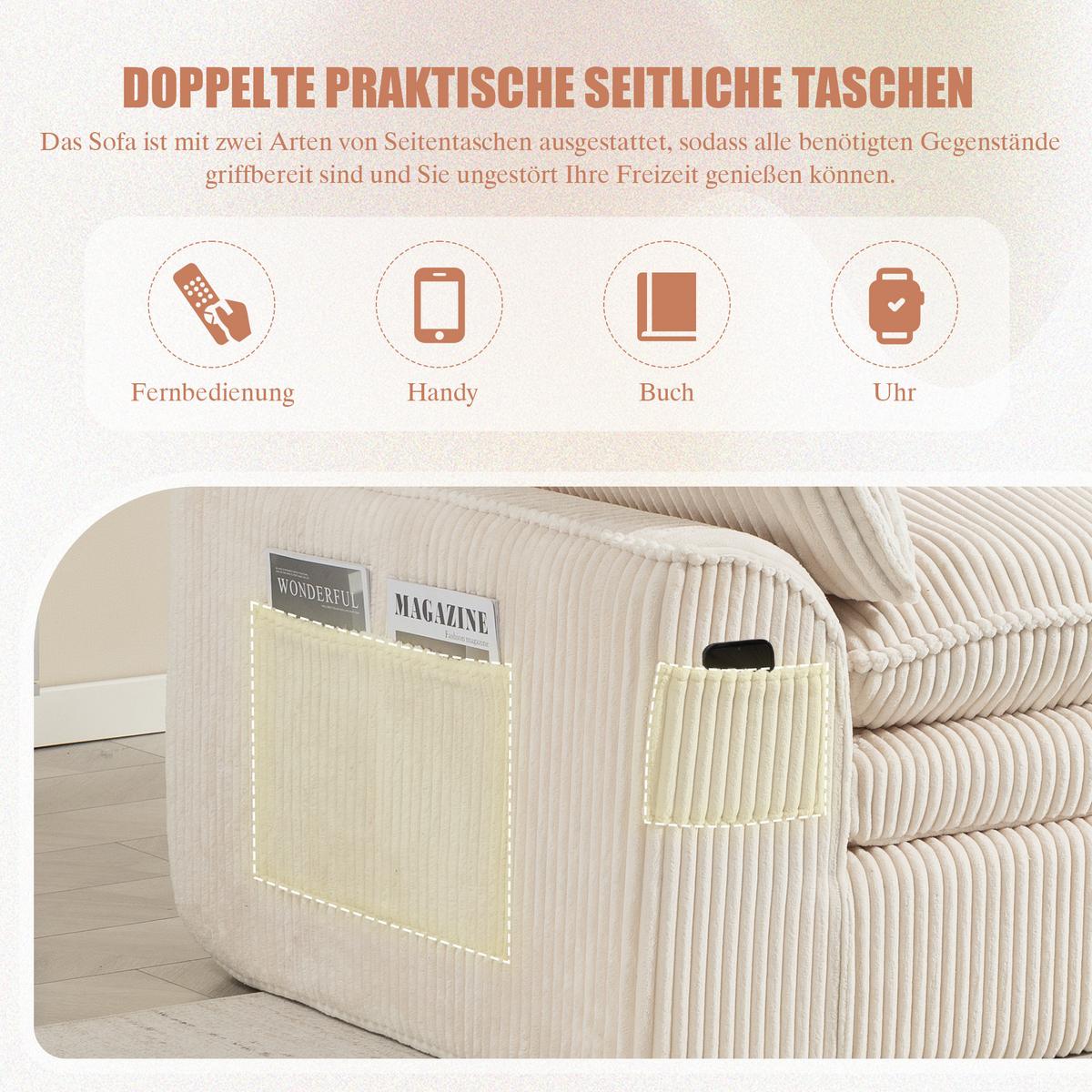2-SITZER SOFA cordstoff mit seitentaschen & federkern - Beige, Textil (191/85/94cm) - Urban Meuble