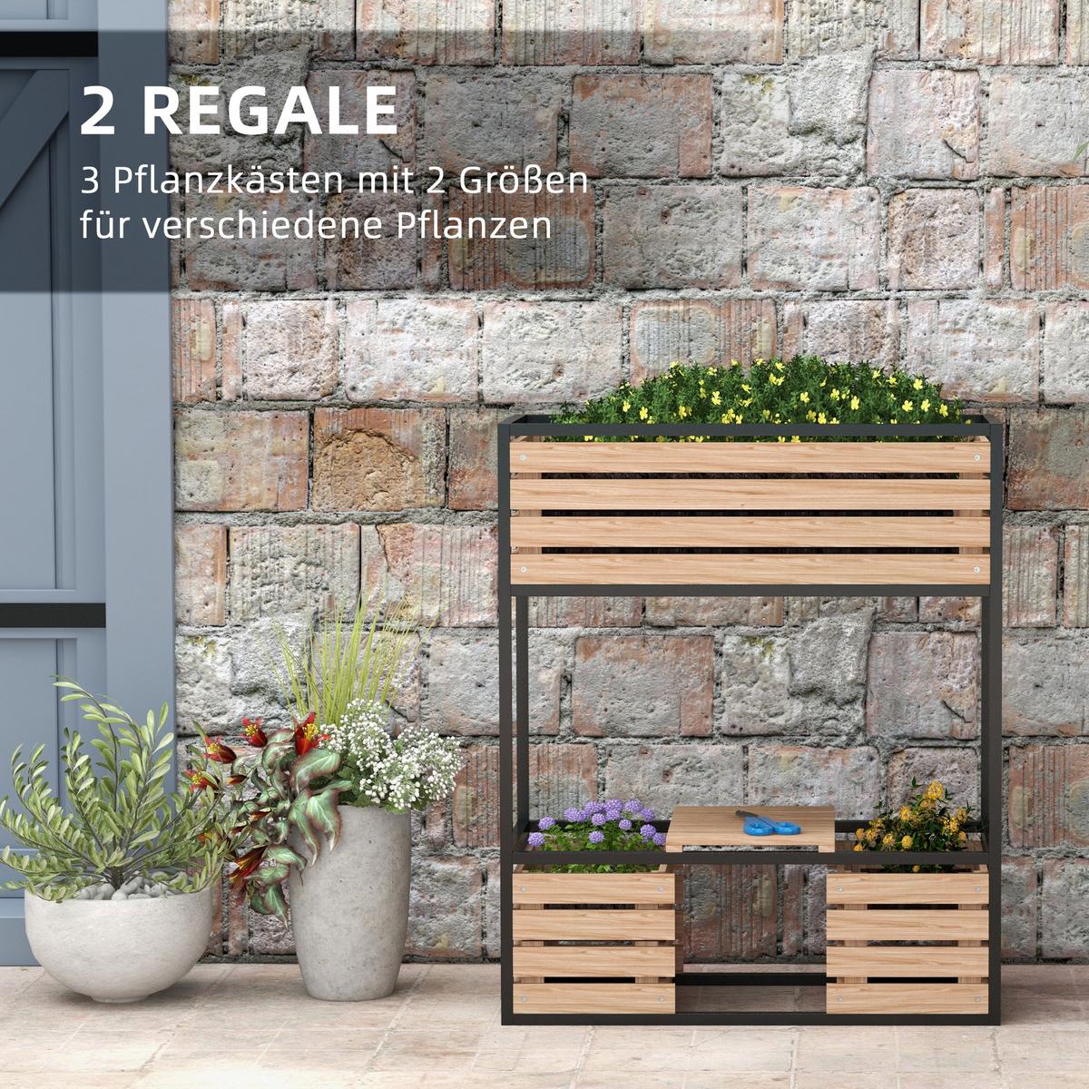 HOCHBEET aus Holz, 2-Stufiger Blumenkasten mit Ablage, für Garten, Balkon, Hellbraun - Braun, Metall (39/100/83cm) - Outsunny