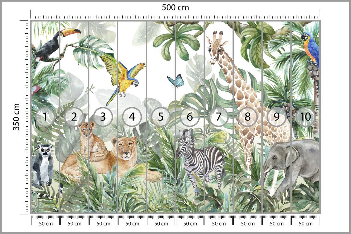 FOTOTAPETE für Kinderzimmer Tropen Dschungel Tiere Palmen Monstera 500x350 - Beige/Orange, Papier (500/350cm) - Muralo