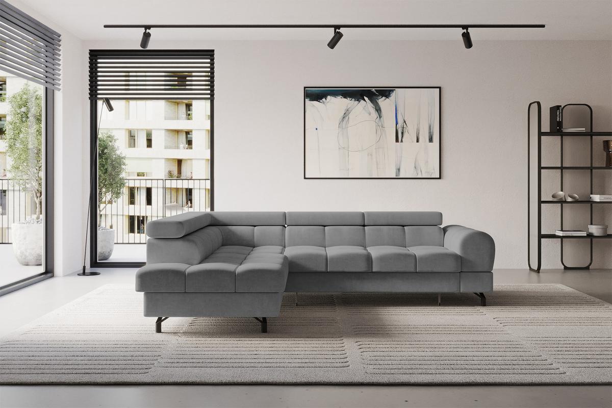 ECKSOFA mit Schlaffunktion Ottomane Links LUMA-L 272x203x70 Grau Velours - Schwarz/Grau, Holzwerkstoff/Kunststoff (272/203cm) - ALTDECOR