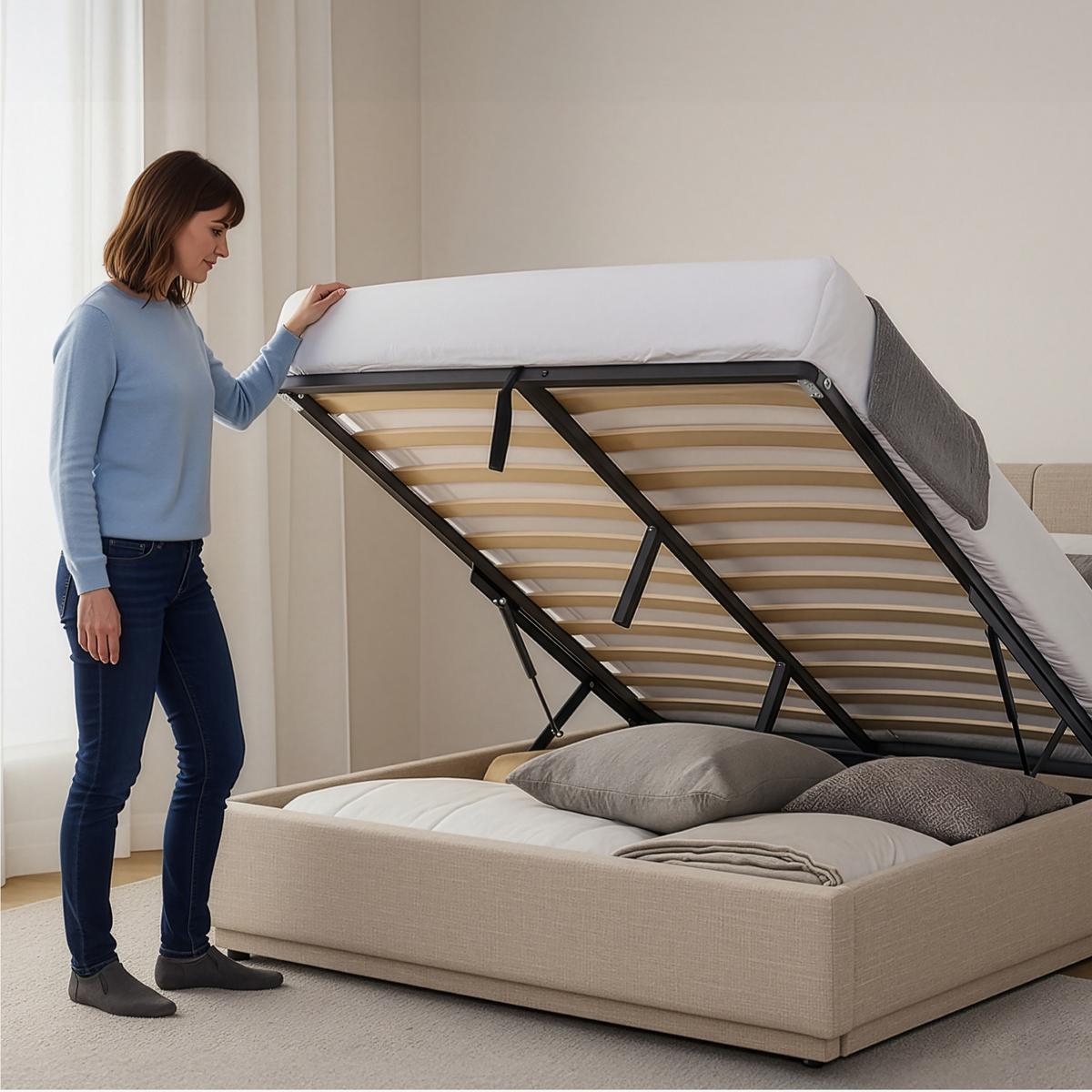 LED POLSTERBETT Tröstiar mit Matratze - Beige, Holzwerkstoff/Kunststoff (140/200cm) - [en.casa]