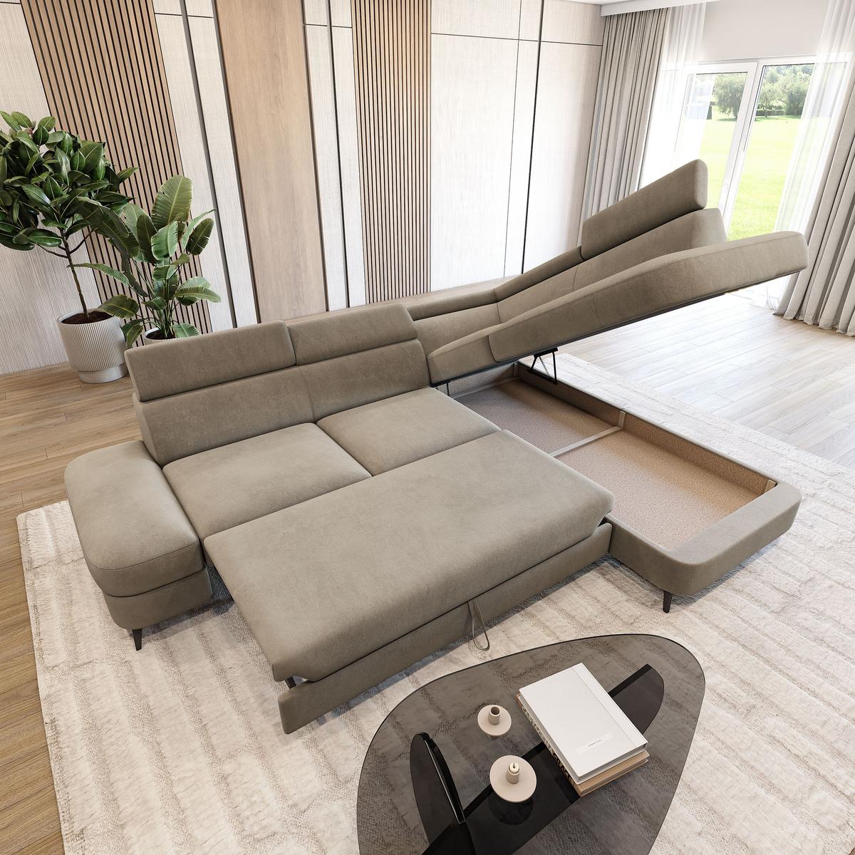 ECKSOFA AVISE MV R-S Beige Velours-Stoff mit Schlaffunktion - Beige, Holzwerkstoff/Textil (268/195cm) - MASSENO
