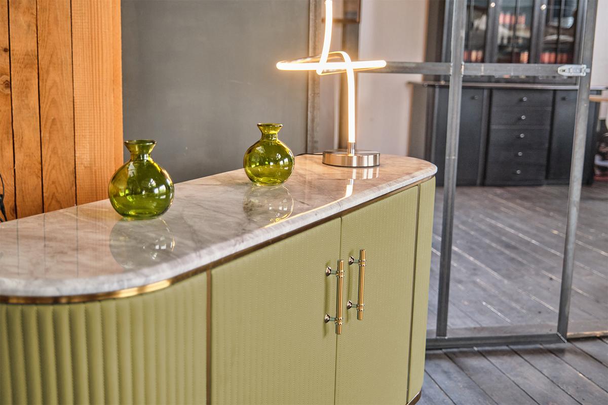 SIDEBOARD MARIA Grün Marmor, Kunstleder - Schwarz/Olivgrün, Stein/Metall (150/76/40cm) - KAWOLA