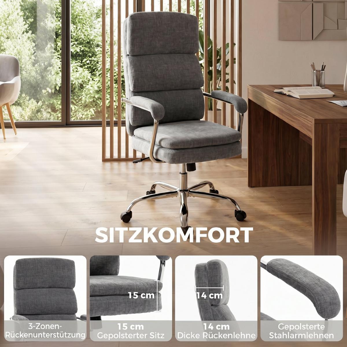 BÜROSTUHL Chenille-Stoff Grau - Silberfarben/Grau, Textil/Metall (65/118/72.5cm) - HOMCOM