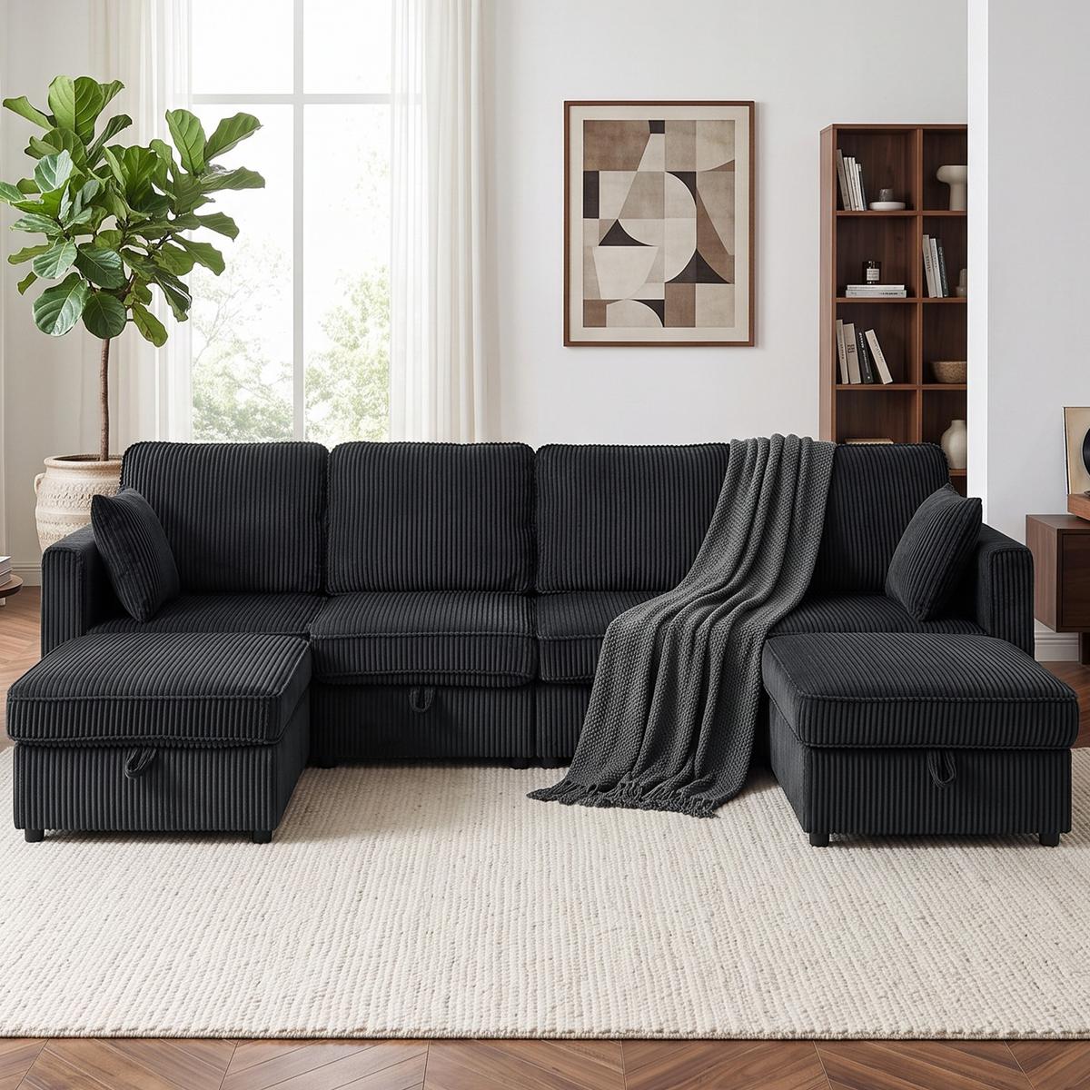ECKSOFA Cord Dunkelgrau - Dunkelgrau/Schwarz, Kunststoff/Textil (153/306cm) - HOMCOM