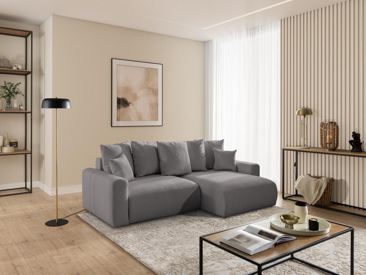 ECKSOFA Calma mit Schlaffunktion und Bettkasten im Bumpy-Design aus weichem Taupe Webstoff - Ottomane rechts - Taupe/Schwarz, Holz/Kunststoff (140/239cm) - S-Style