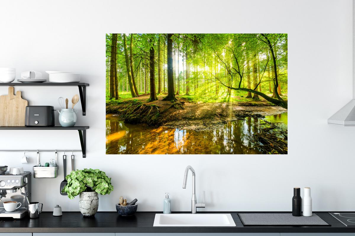 WANDTATTOO Wald - Landschaft - Wasser - Bäume - Sonne - Grün - Natur Wandsticker 120x80 cm - Grün, Kunststoff (120/80/0.1cm) - MuchoWow