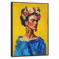 LEINWAND Bilder mit Rahmen - Frida Kahlo - Frau - Gelb - Blau - Blumen - 70x100 - Gelb, Textil (70/100cm) - MuchoWow