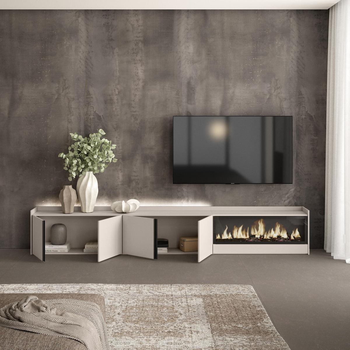 LOWBOARD, Beige, 315/35/50cm, Kamin mit Feuereffekt XXL - Beige, Holzwerkstoff (315/50/35cm) - Skraut Home