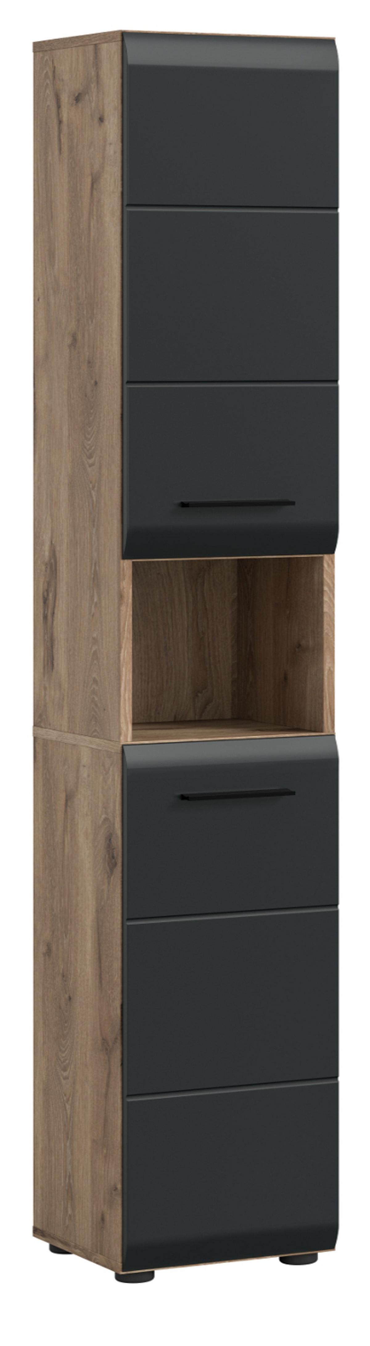 HOCHSCHRANK schwarz matt, Eiche Nox, Badschrank 2-türig 30 cm, 7 Fächer - Eichefarben/Schwarz, Holzwerkstoff/Kunststoff (30/185/30cm) - Inn.Furn