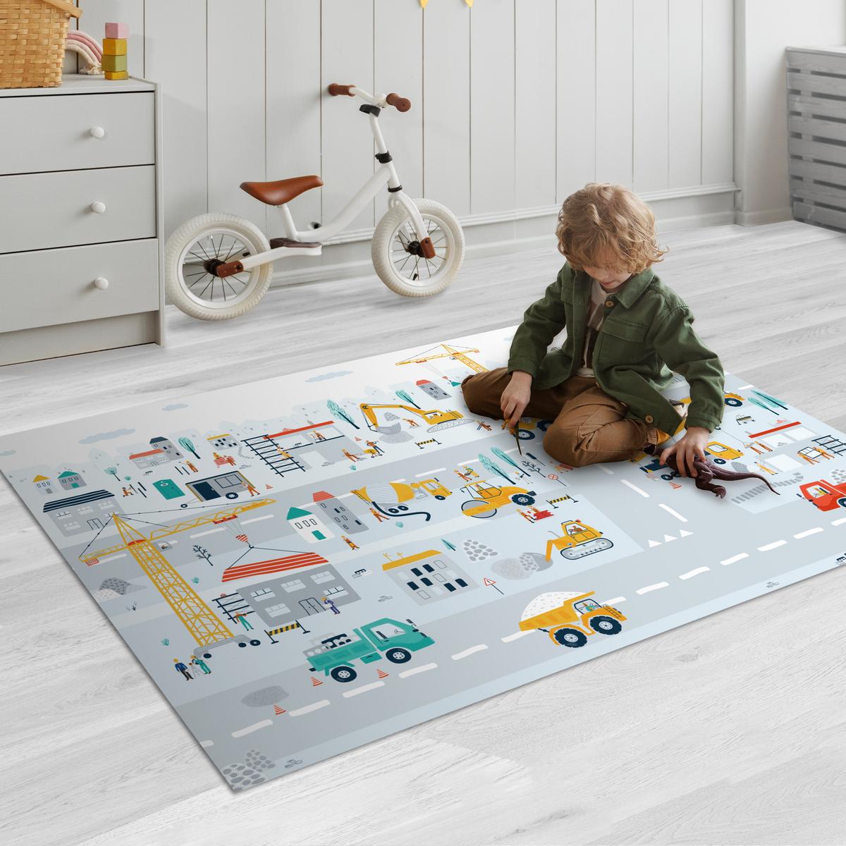 KINDERTEPPICH Baustelle - Traktor - Bagger - Auto - Design Spielmatte 135x90 cm - Hellblau, Kunststoff (135/0.3cm) - OnlyWow