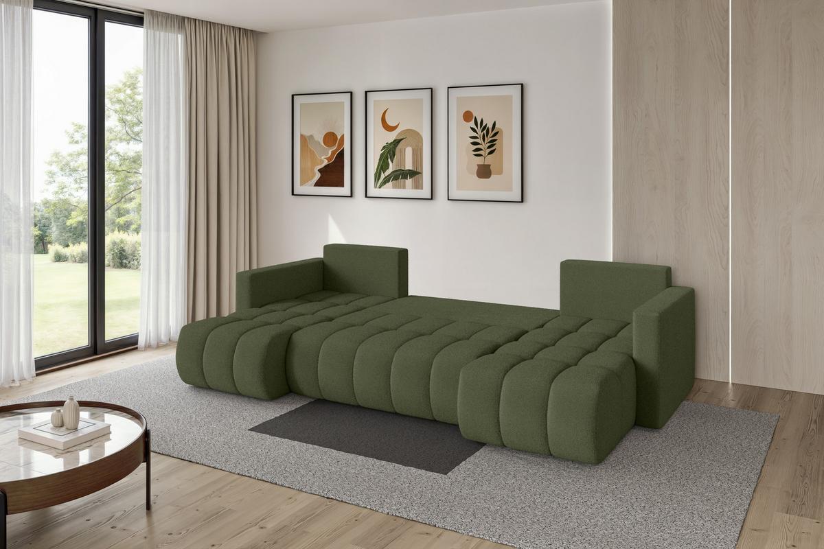 WOHNLANDSCHAFT mit Schlaffunktion und Bettkasten GARD-U 300x146x85 Grün Bouclé - Schwarz/Olivgrün, Holzwerkstoff/Kunststoff (300/85/146cm) - ALTDECOR