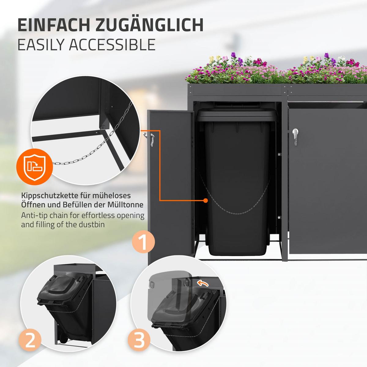 MÜLLTONNENBOX 2er mit Pflanzdach Anthrazit - Anthrazit, Metall (132/124/80cm) - ML-DESIGN