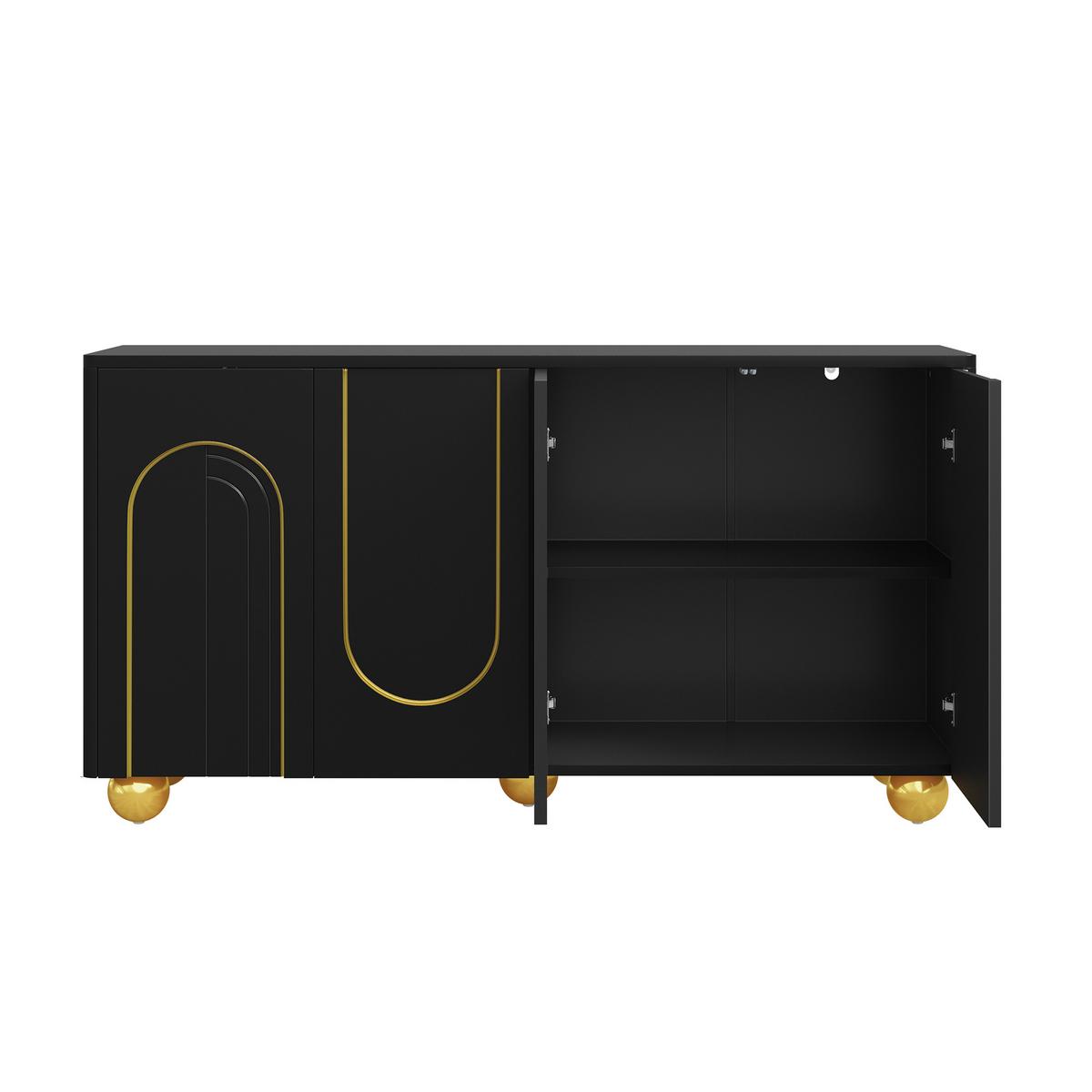 SIDEBOARD 140cm Schwarz mit Gold-Bogen-Dekor, 4 Türen & Kugel-Füßen - Schwarz, Holzwerkstoff (140/74/40cm) - Urban Meuble