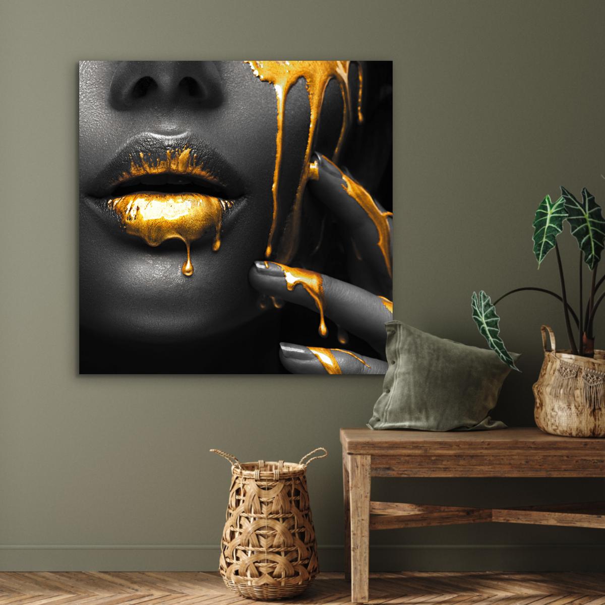 METALLBILD Frau - Schwarz - Gold - Gesicht - Lippen 90x90 cm - Goldfarben, Metall (90/90cm) - MuchoWow