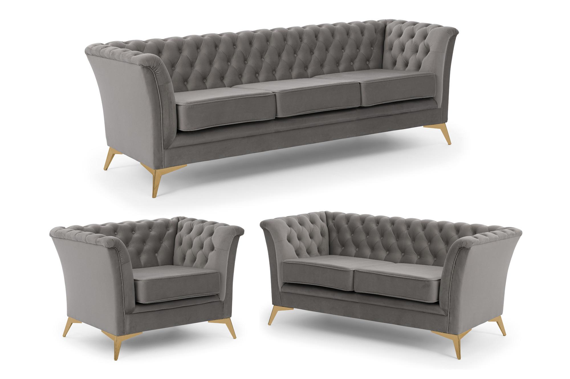 SITZGARNITUR 3+2+1 Chesterfield Whitby Grau Samt mit goldenen Füßen - Goldfarben/Grau, Holz/Textil (237/78/82cm) - S-Style Möbel