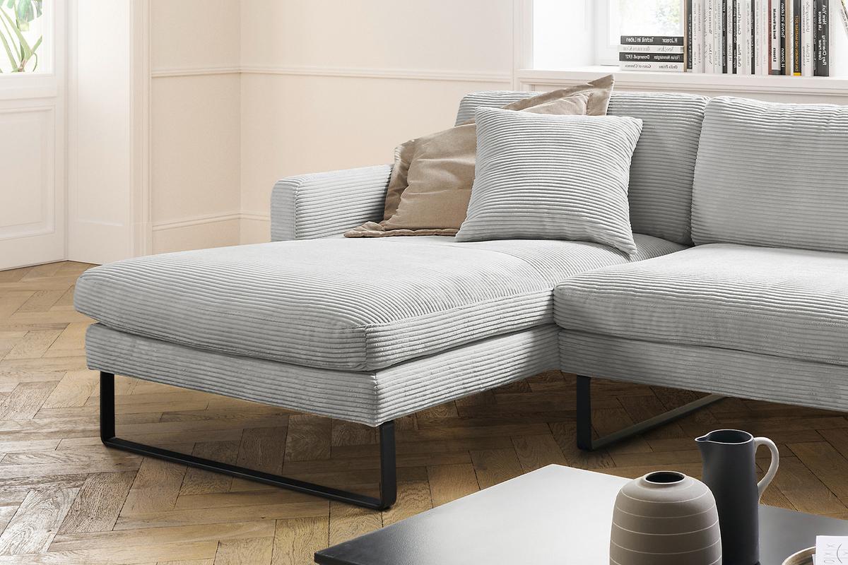 ECKSOFA RICARDA Hellgrau Cord - Hellgrau/Schwarz, Textil/Metall (298/154cm) - KAWOLA