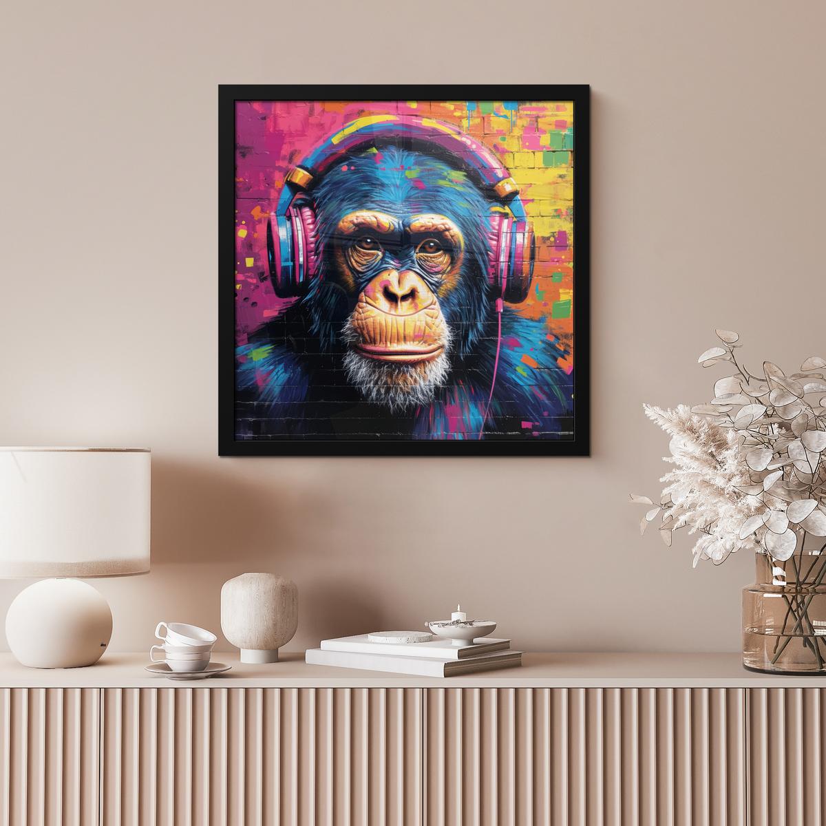 POSTER MIT RAHMENGERAHMTES BILD Graffiti - Schimpanse - Straßenkunst - Kopfhörer - Affe 40x40 cm - Blau, Papier (40/40cm) - MuchoWow