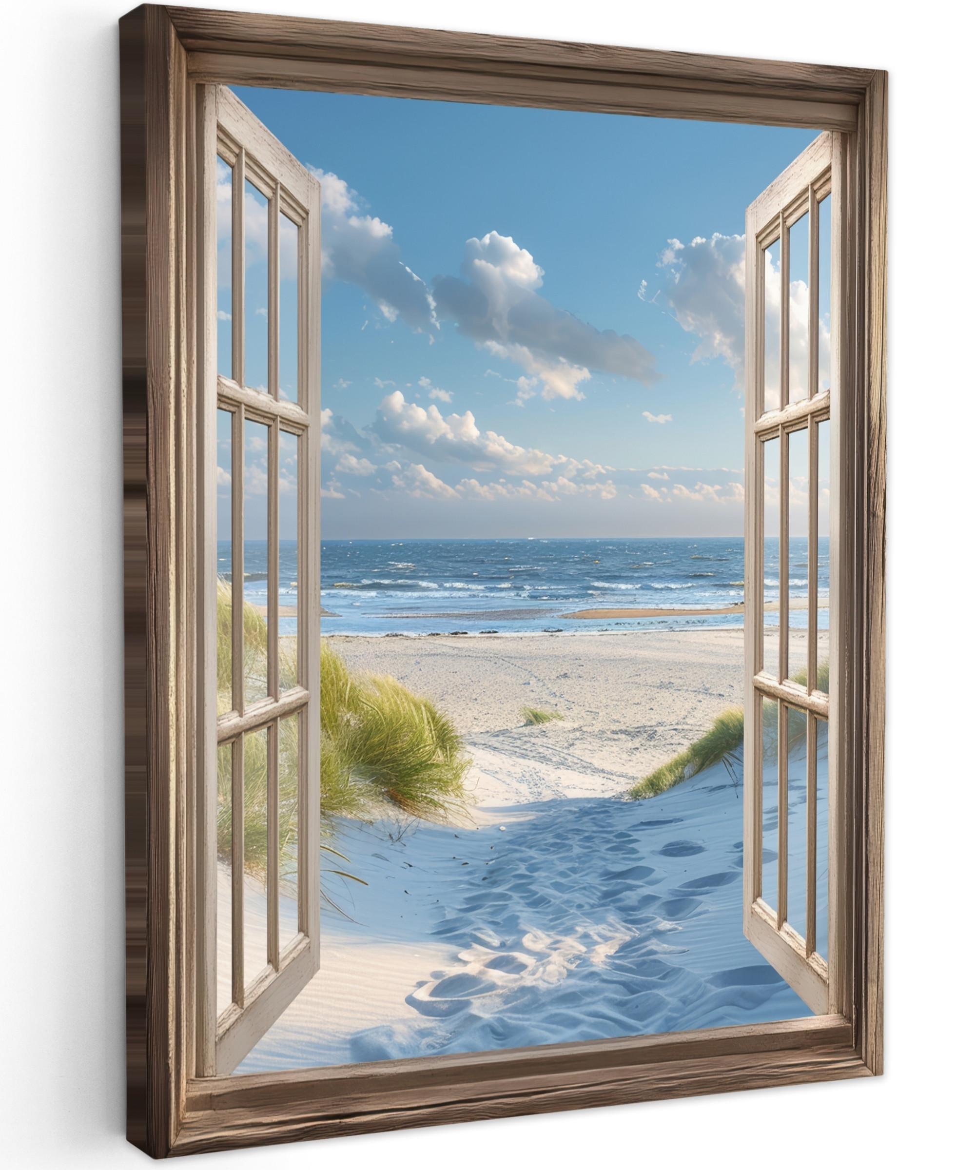 LEINWANDBILD Aussicht - Strand - Fenster - Dünen - Meer Wandbild Wohnzimmer 60x80 cm - Hellblau, Textil (60/80cm) - MuchoWow