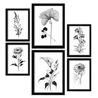 POSTER Set Mit 6 Belaubte Blumen Natur Und Botanikdrucke Mit Blumenmotiven In Klassischem Schwarz Und Weiß Innenarchitektur A3 & A4 Schwarzer Rahmen - Schwarz, Papier (29/3cm) - Nacnic