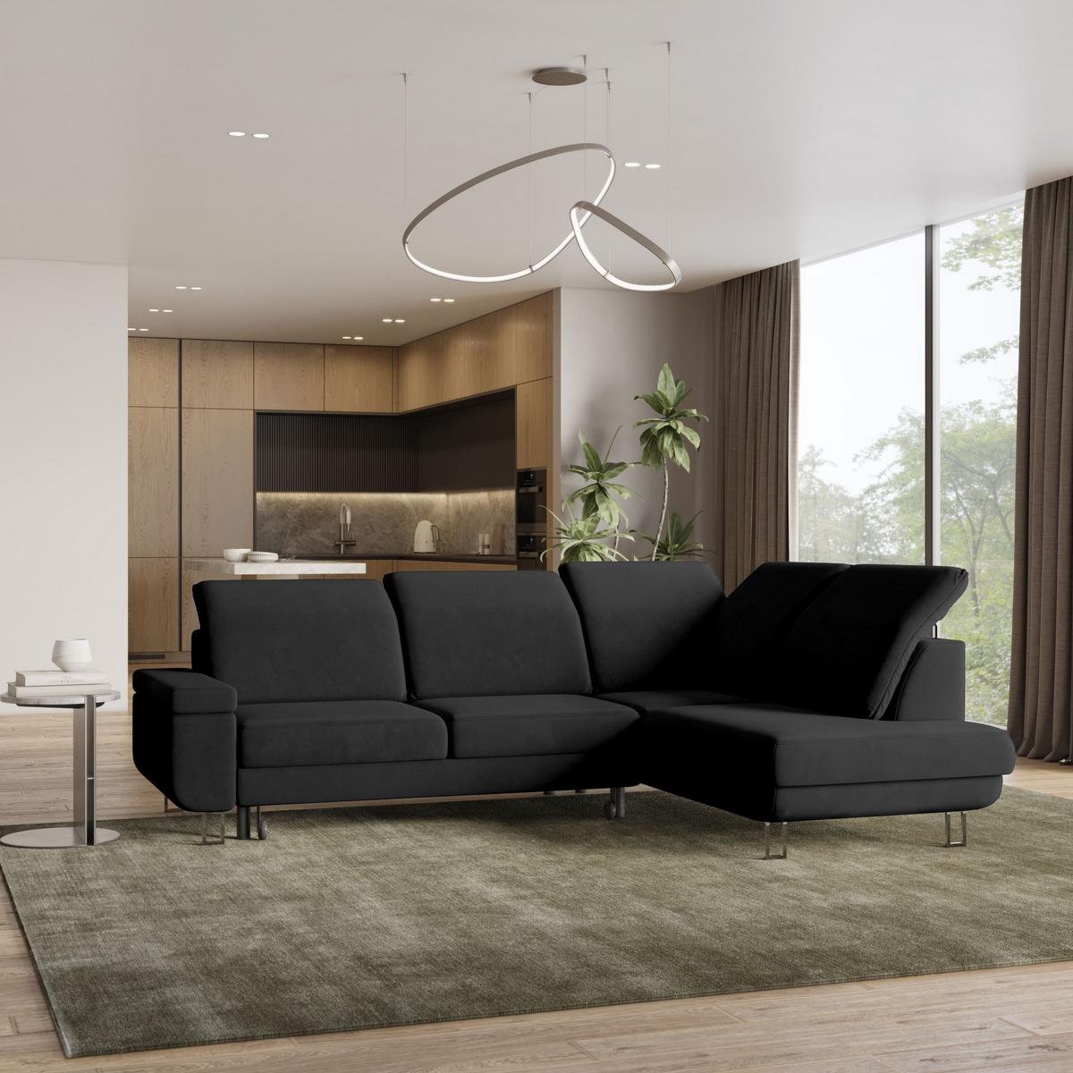 ECKSOFA LERMA R-S Schwarz Velours-Stoff mit Schlaffunktion - Silberfarben/Schwarz, Holz/Textil (253/190cm) - MASSENO