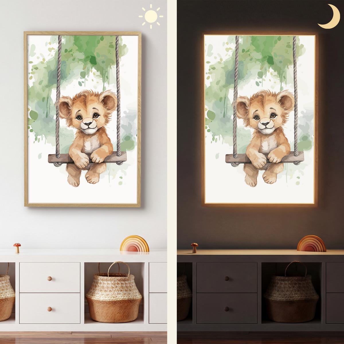 WANDLEUCHTE MIT AKKU Löwe - Tier - Kinder - Dschungel 70x100 cm - Weiß, Holzwerkstoff (70/100/8cm) - OnlyWow