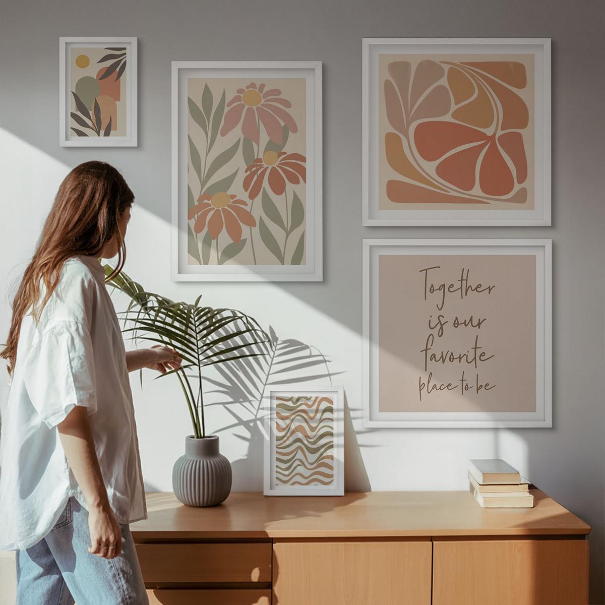 BILDER SET 5er Set - 50x50 cm & 20x30 cm & 40x60 cm Weißer Rahmen - Abstrakte Pastellblumen - Weiß, Kunststoff (40/60cm) - TULUP