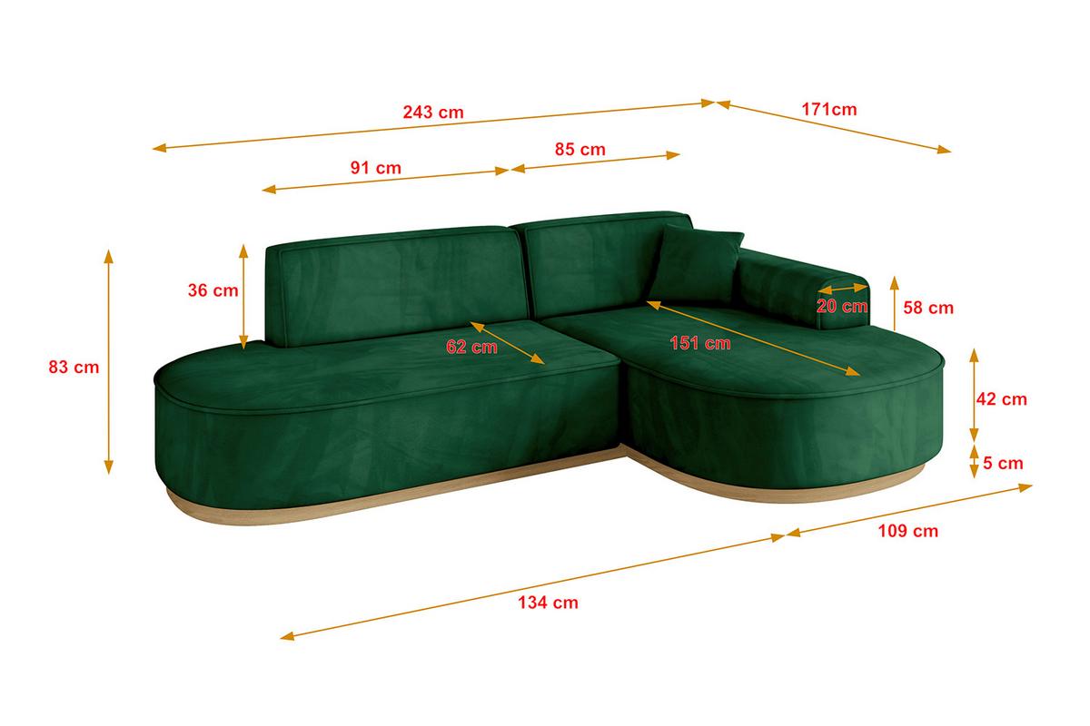 ECKSOFA Ottomane Rechts MARI-L1-v2 - 243x171x83 cm Dunkelgrün Velours - Dunkelgrün, Holzwerkstoff/Textil (171/243cm) - ALTDECOR