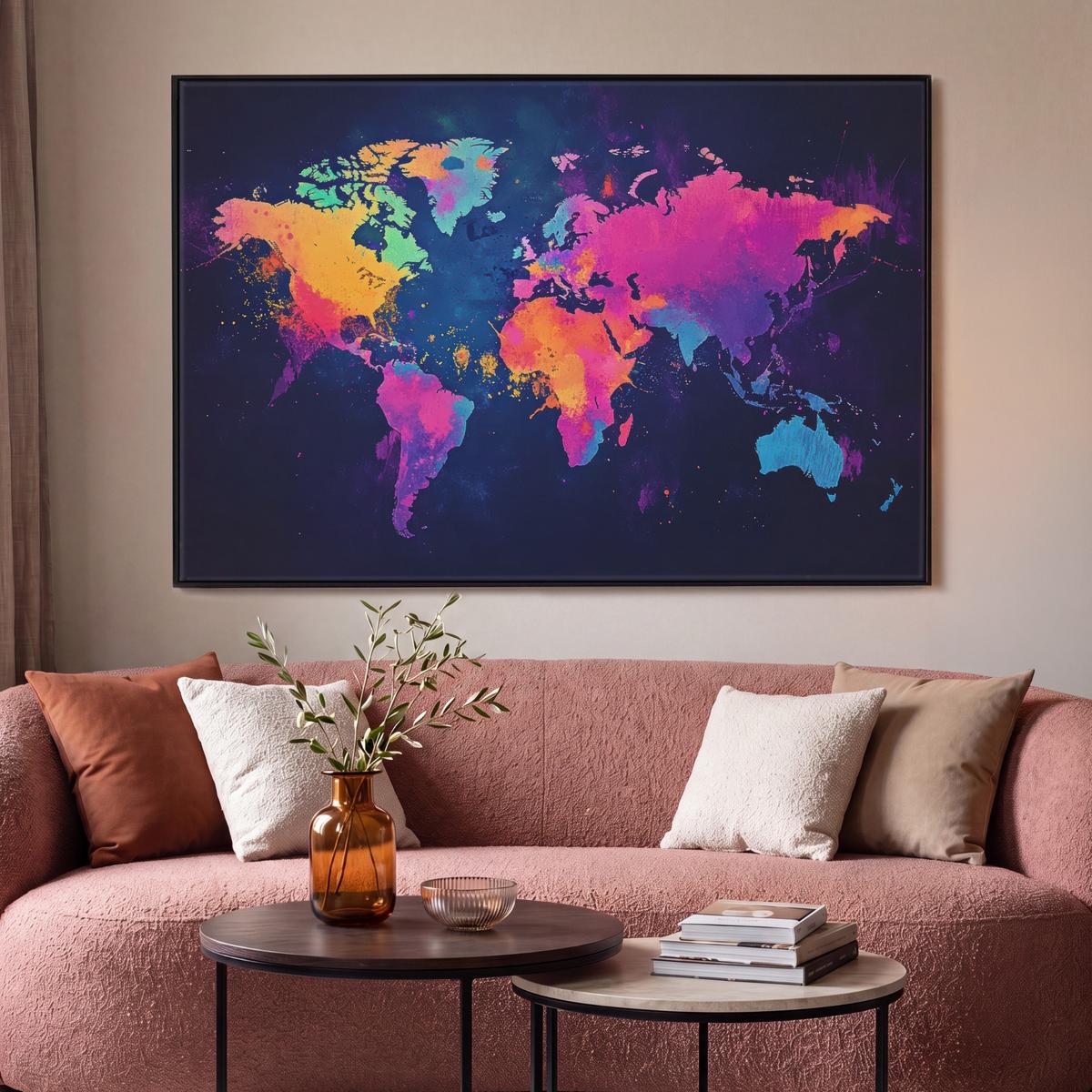 LEINWAND Bilder mit Rahmen - Weltkarte - Bunt - Graffiti - 150x100 - Multicolor, Textil (150/100cm) - MuchoWow