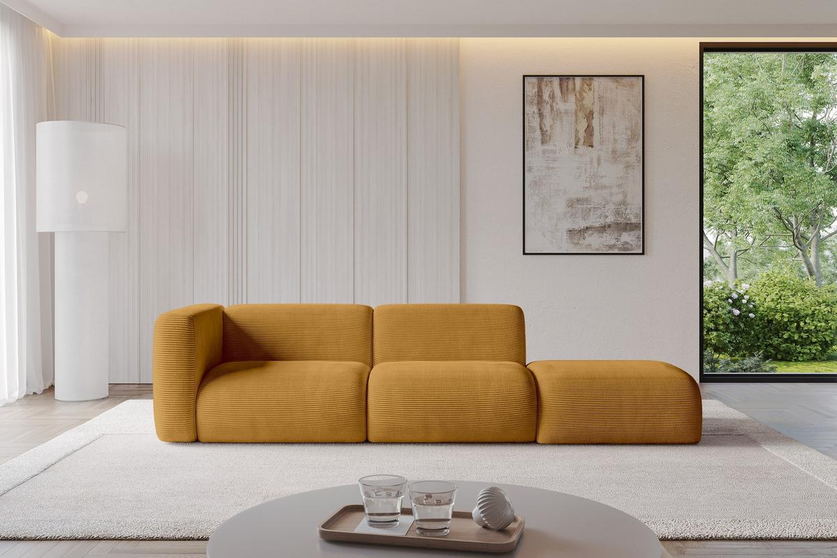 SOFA Ottomane Links MIRA-S3 296x89x70 Senfgelb Cord - Currygelb/Schwarz, Holzwerkstoff/Kunststoff (296/70/89cm) - ALTDECOR