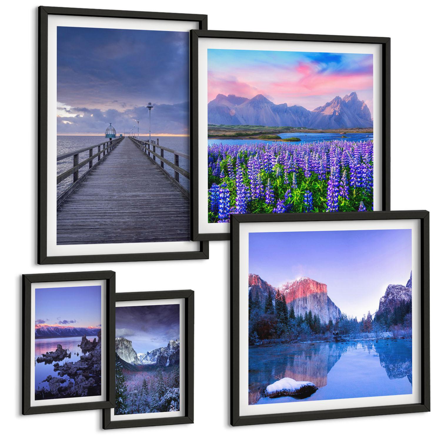 BILDER SET 5er Set - 50x50 cm & 20x30 cm & 40x60 cm Schwarzer Rahmen - Berglandschaften, Wasser, Blumenfeld - Schwarz, Kunststoff (40/60cm) - TULUP