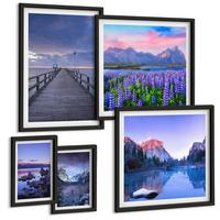 BILDER SET 5er Set - 50x50 cm & 20x30 cm & 40x60 cm Schwarzer Rahmen - Berglandschaften, Wasser, Blumenfeld - Schwarz, Kunststoff (40/60cm) - TULUP