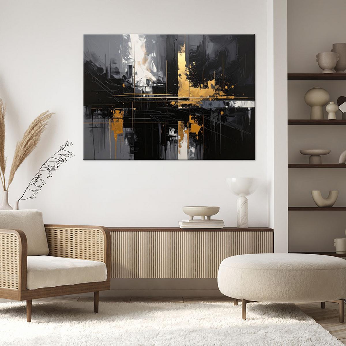 LEINWANDBILD, Moderne Abstraktion einer Stadt in Schwarz und Gold - Schwarz, Textil (120/80cm) - Feeby