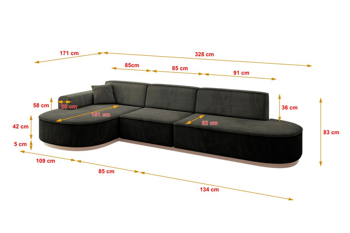 ECKSOFA Ottomane Links MARI-L2-v1 - 328x171x83 cm Schwarz Velours - Schwarz, Holzwerkstoff/Textil (328/171cm) - ALTDECOR