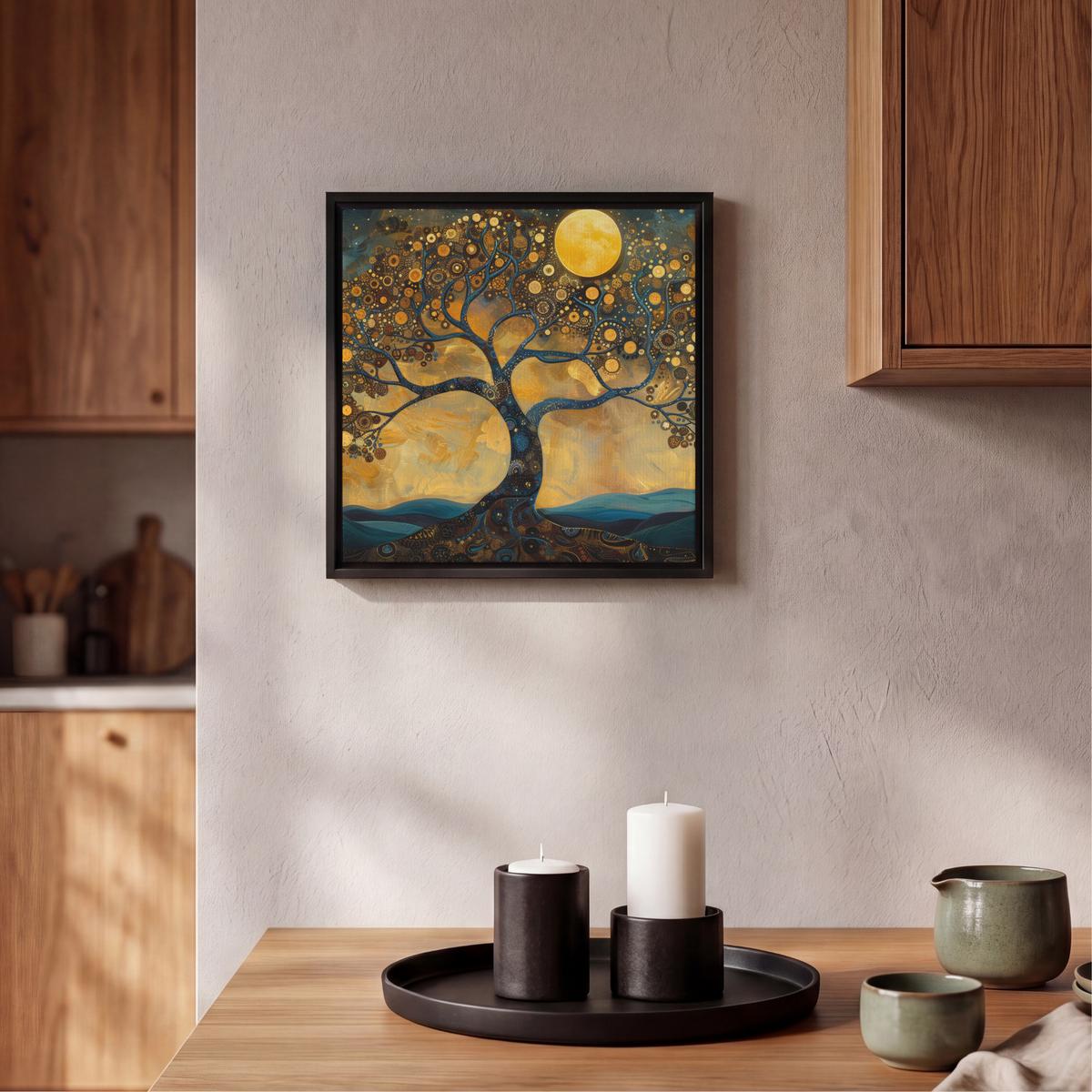 LEINWAND Bilder mit Rahmen - Baum - Mond - Blumen - Gold - Kunst - 20x20 - Orange, Textil (20/20cm) - MuchoWow