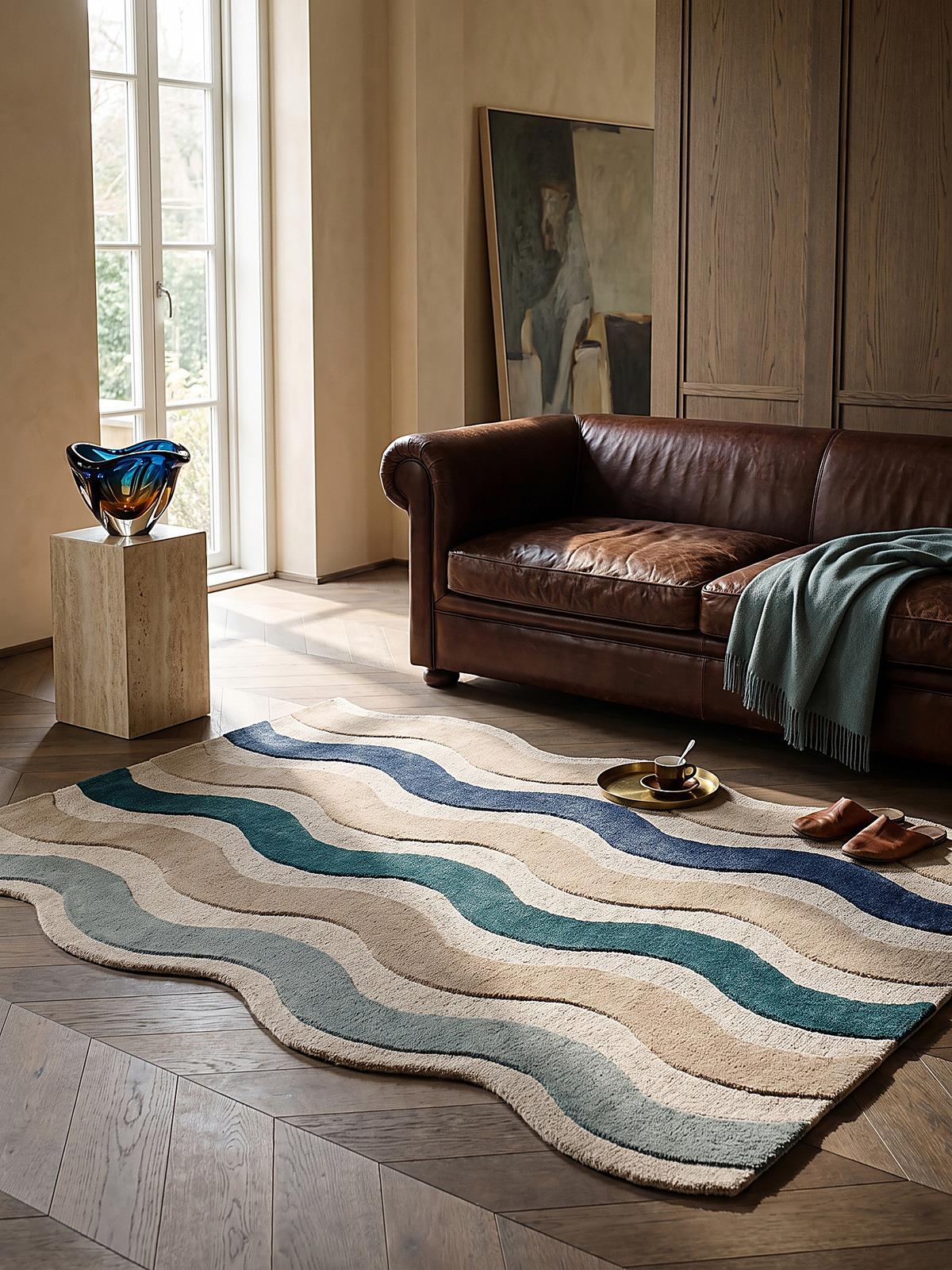 WOLLTEPPICH handgetuftet MONNOW, Wellenstreifen, Natur-Blau, 140 x 200 cm - Blau/Beige, Textil (140/200cm) - KADIMA DESIGN
