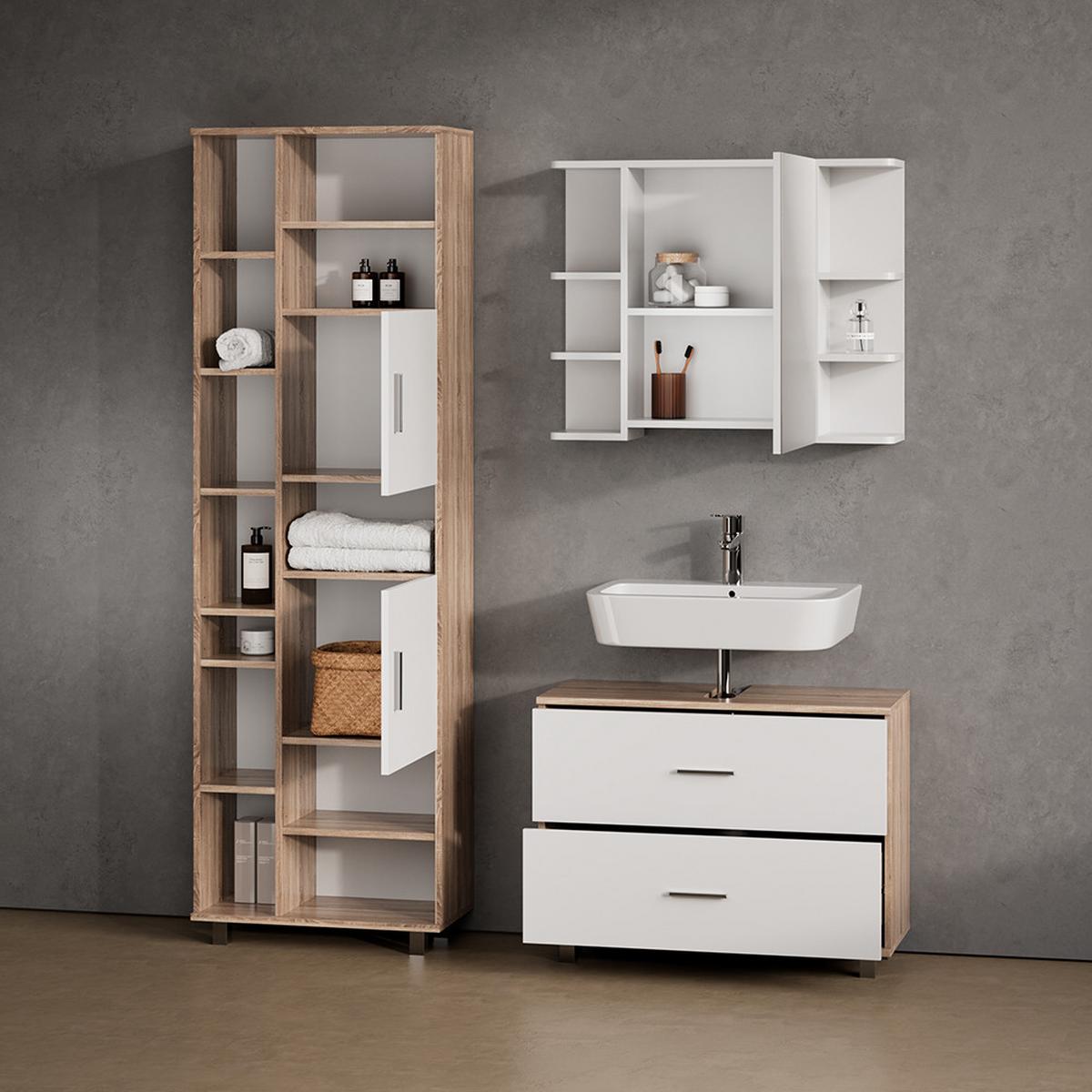 WASCHBECKENUNTERSCHRANK Eisak Weiß/Sonoma 80 x 60.8 cm - Weiß/Sonoma Eiche, Holzwerkstoff (80/60.8/33cm) - Livinity®