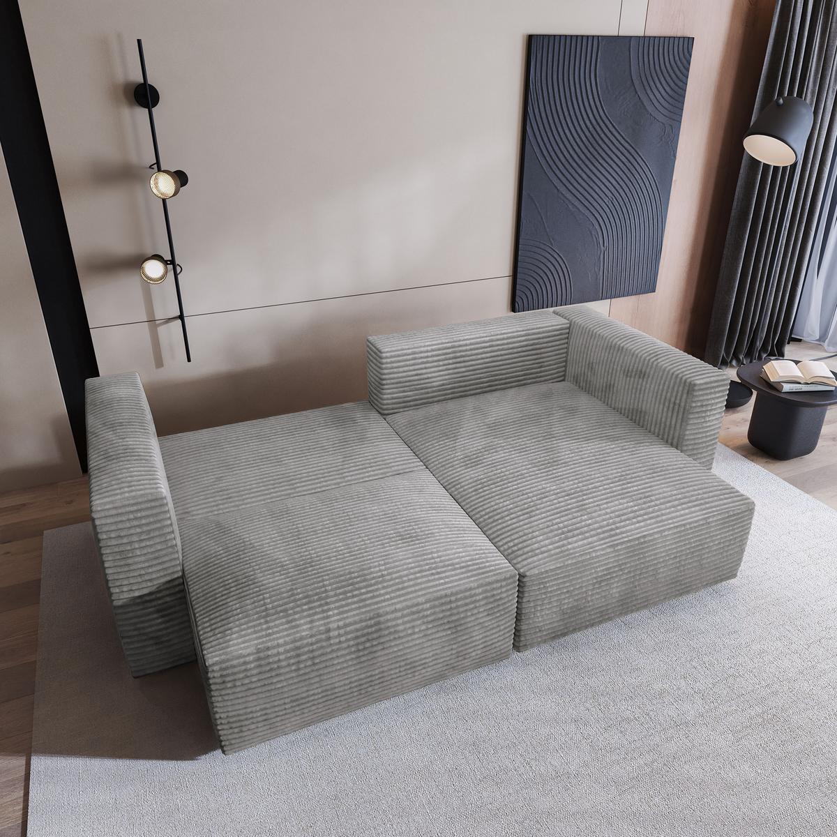 ECKSOFA NERIO Hellgrau Kordstoff mit Schlaffunktion - Grau, Holz (245/148cm) - MASSENO