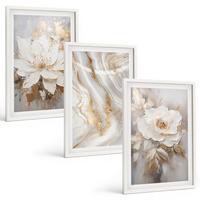 BILDER SET 3er Set - 40x60 cm Weißer Rahmen - Abstrakte Blumen aus Marmor - Weiß, Kunststoff (40/60cm) - TULUP